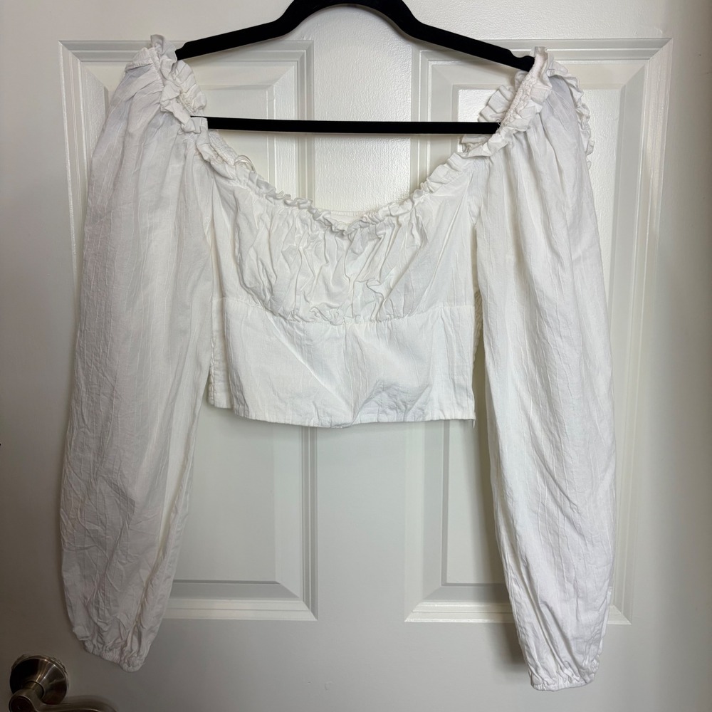 Coquette White Ruffle Long Sleeve Smocked Crop Top Sweetheart Neck S